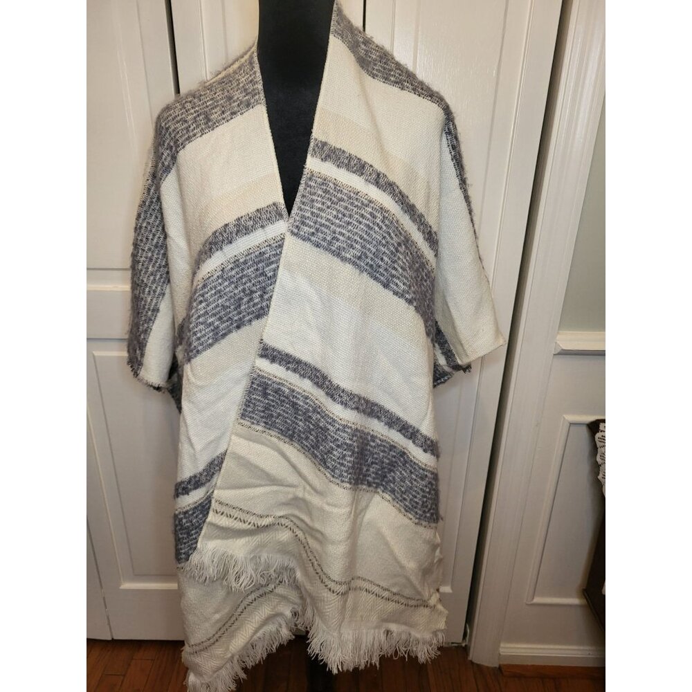 Cream/Gray Flannel Stripe Poncho Fringe OSFM Boho Hippie Western Southwestern